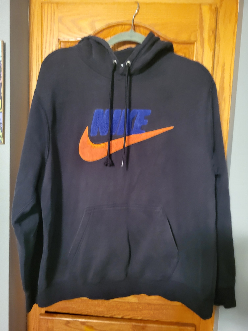 Nike Black Pullover Hoodie Fleece Large Blue Orange Swoosh Logo